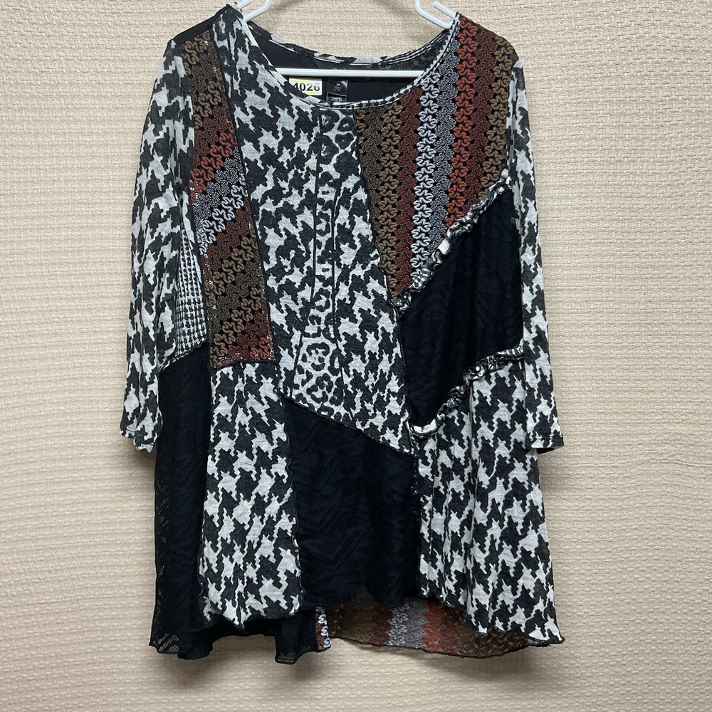 Ali Miles Size 2X Tunic Top Pullover Black Patchwork Crochet Lace